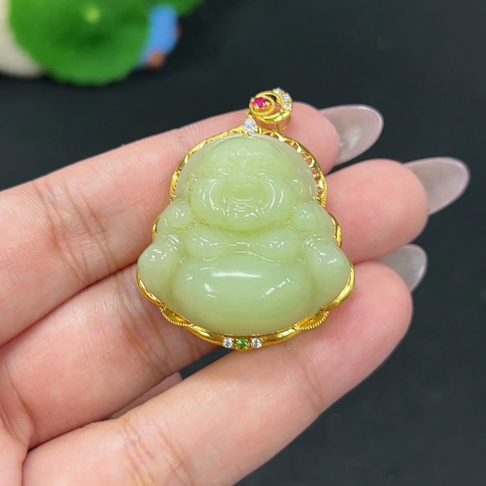 Hetian jade inlaid Buddha pendant with 18k gold, weighing approximately 16g, featuring intricate craftsmanship and non-diamond accents.