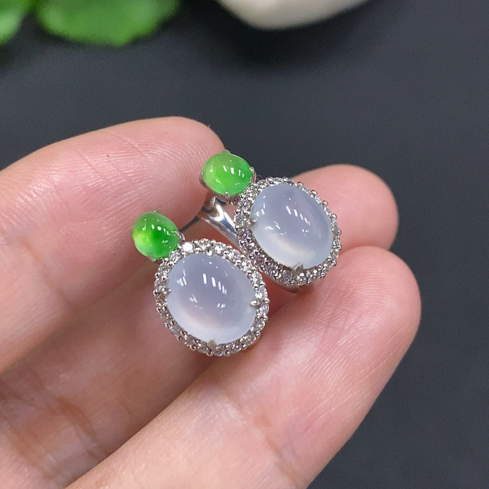Jadeite Cabochon Earrings with 18k Gold and Diamond Accents, Total Weight Approximately 5.4g
