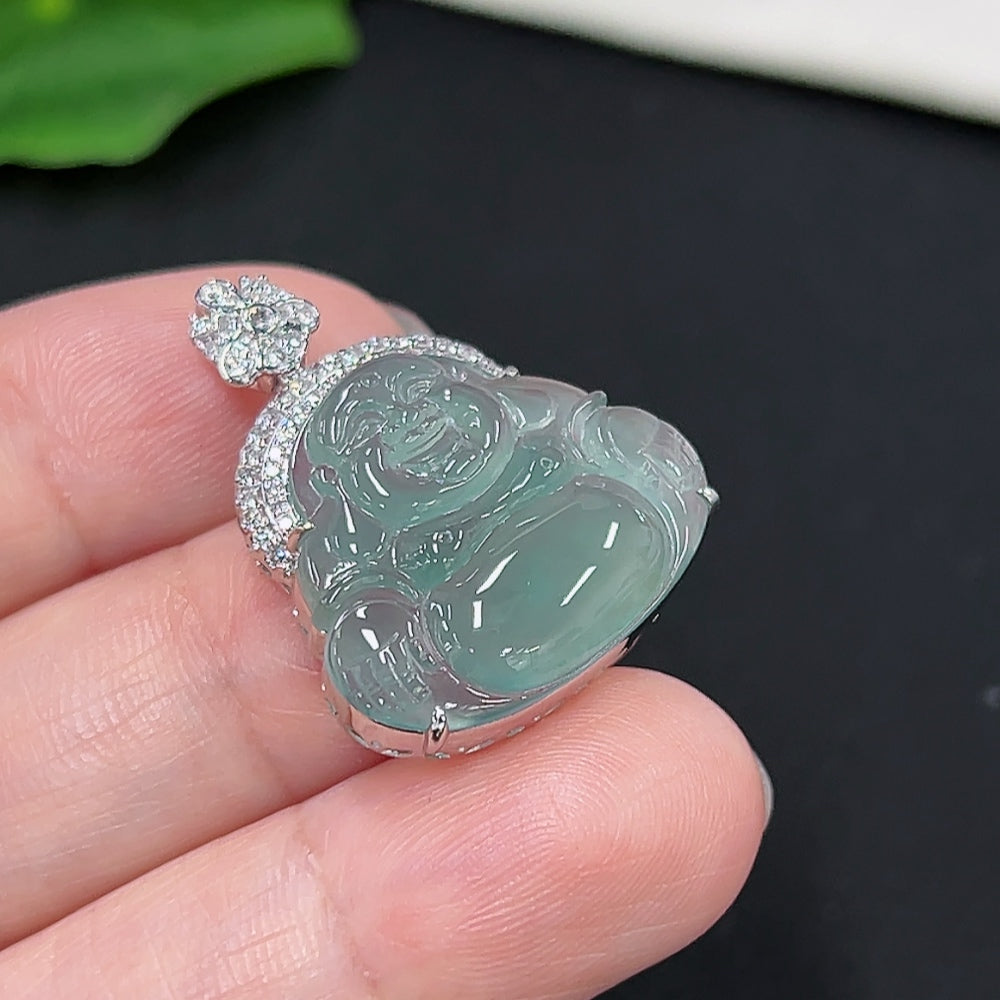 Jadeite Buddha Pendant with 18K Gold, Total Weight Approximately 4.3g (Set with Diamonds)