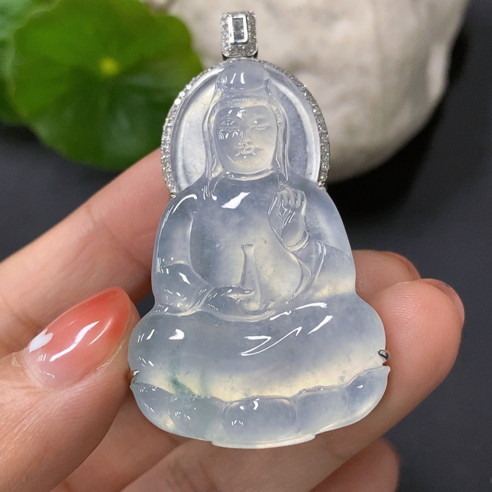 Jadeite Guanyin Inlaid Pendant 18K Gold Inlaid Total Weight Approx. 18.5g