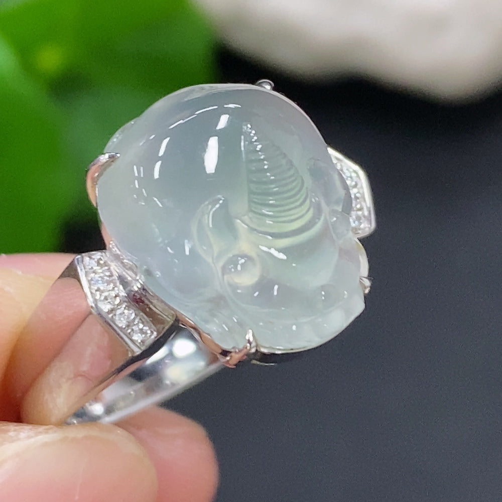 Jadeite inlaid ring with 18K gold setting, size 22, HKHQ brand, showing intricate jade and gold design on the ring.