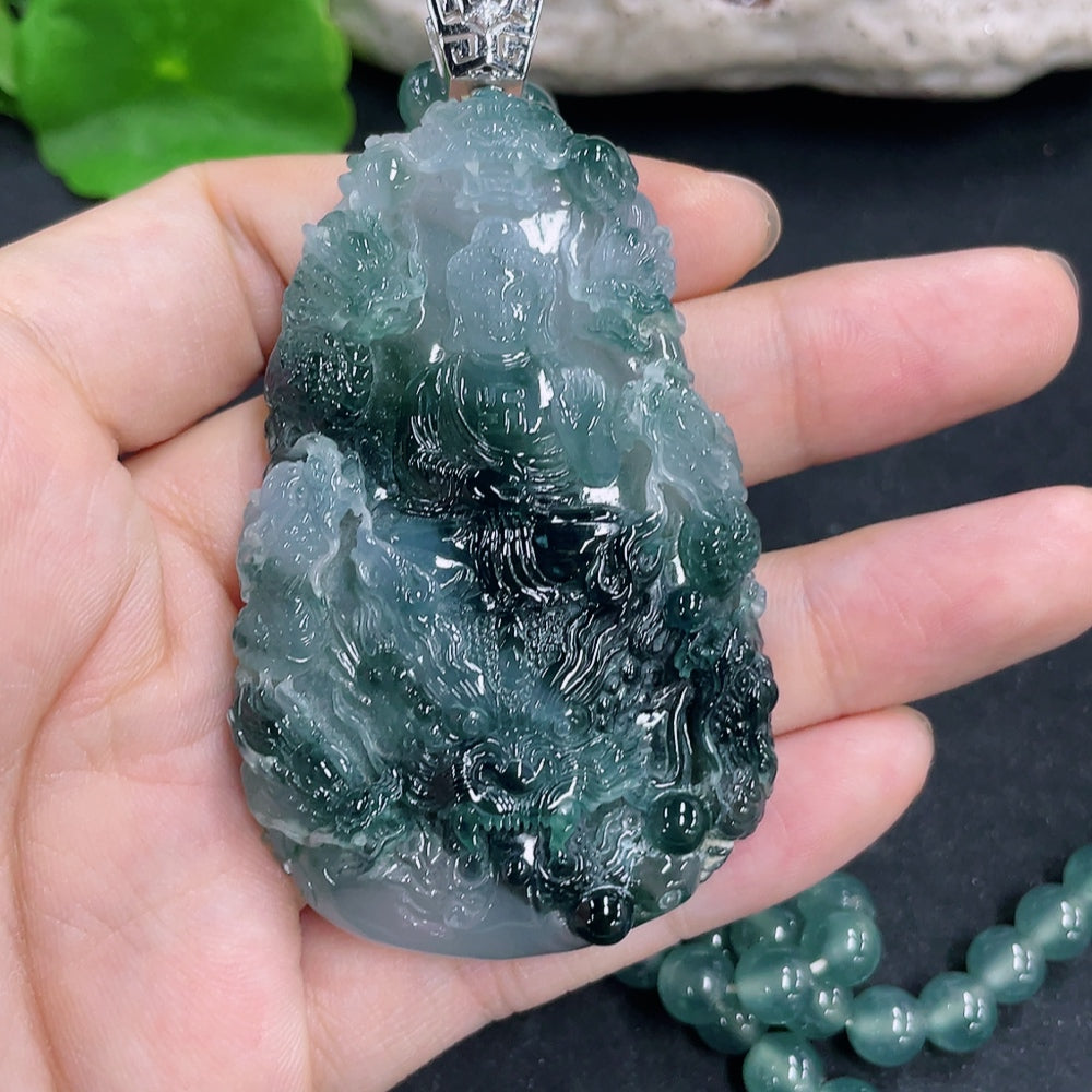 Jadeite Dragon Guardian Pendant with 18K Gold and Diamond Accents, Total Weight Approx. 95.54g (Including Chain)