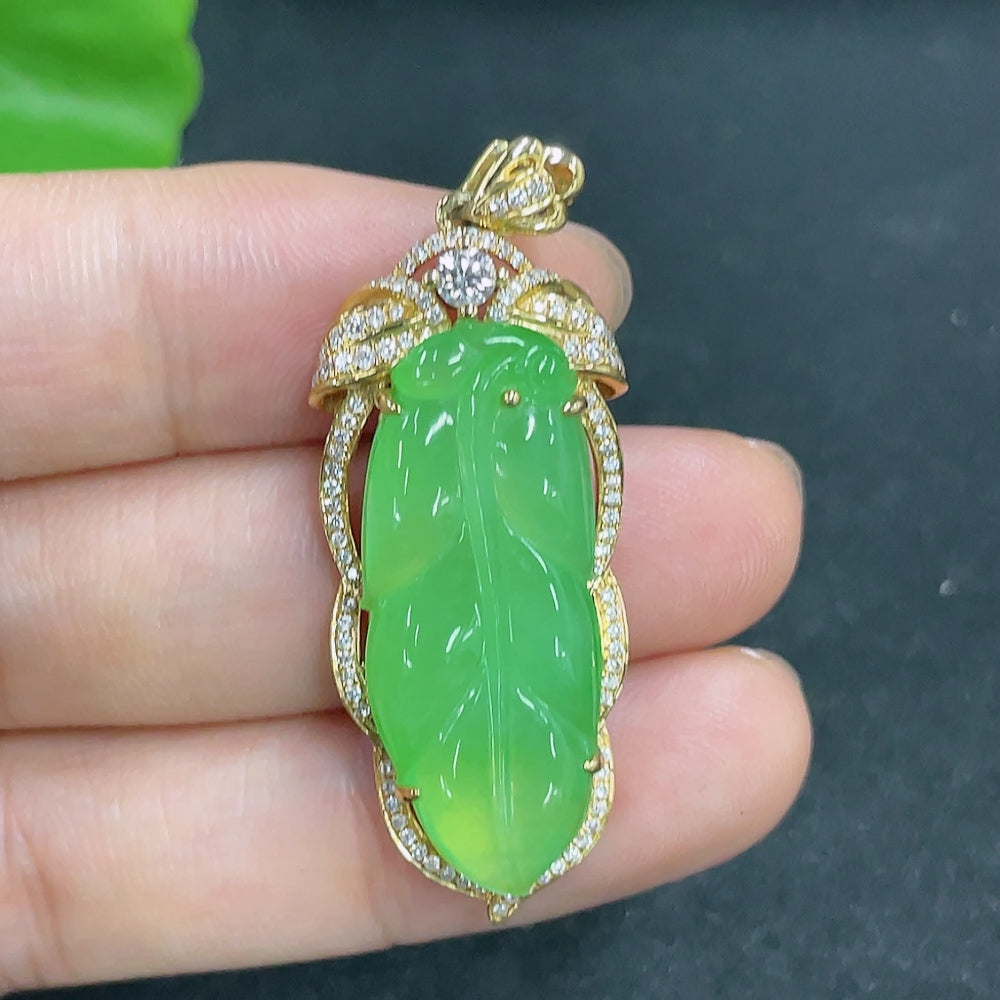 Jadeite Leaf Inlaid Pendant with 18K Gold and Diamond Accents
