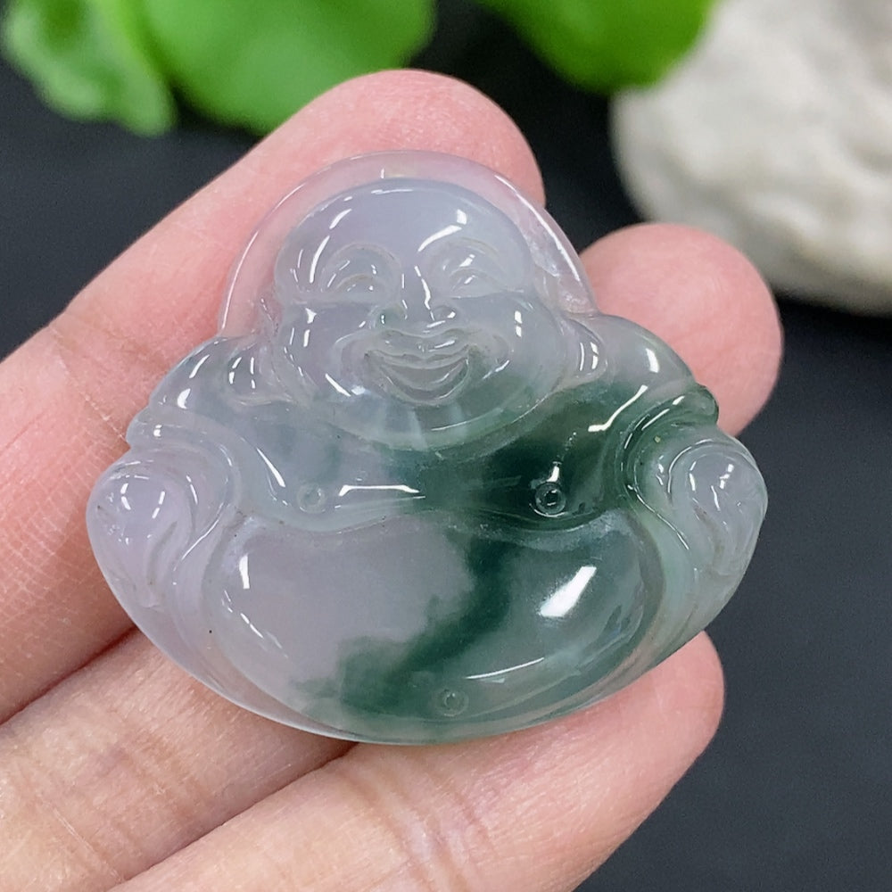 Jadeite Buddha pendant from HKHQ featuring a carved green jade Buddha charm, detailed and polished for spiritual jewelry.