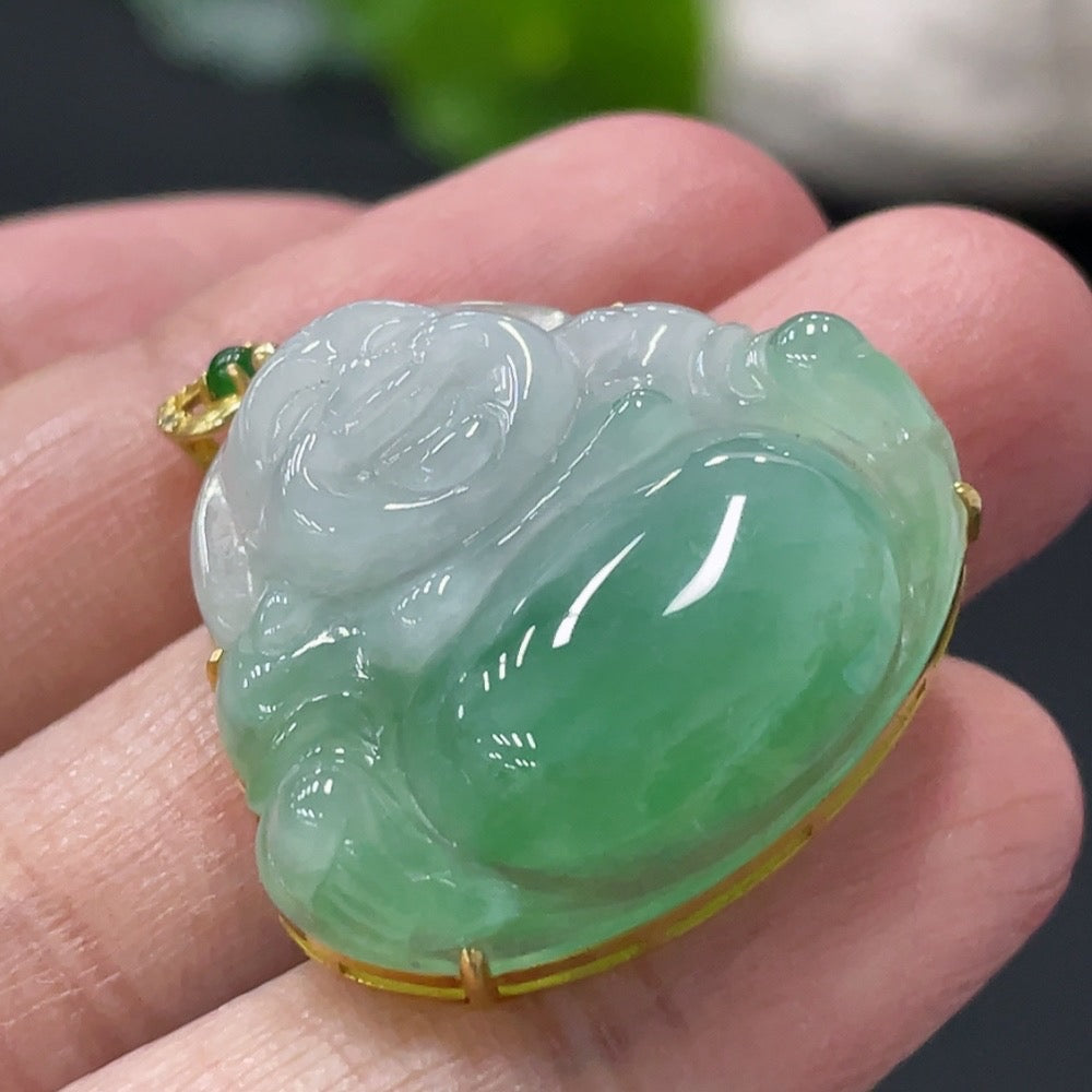 Jadeite Buddha Pendant with 18K Gold and Diamond Accents, Total Weight Approx. 6g