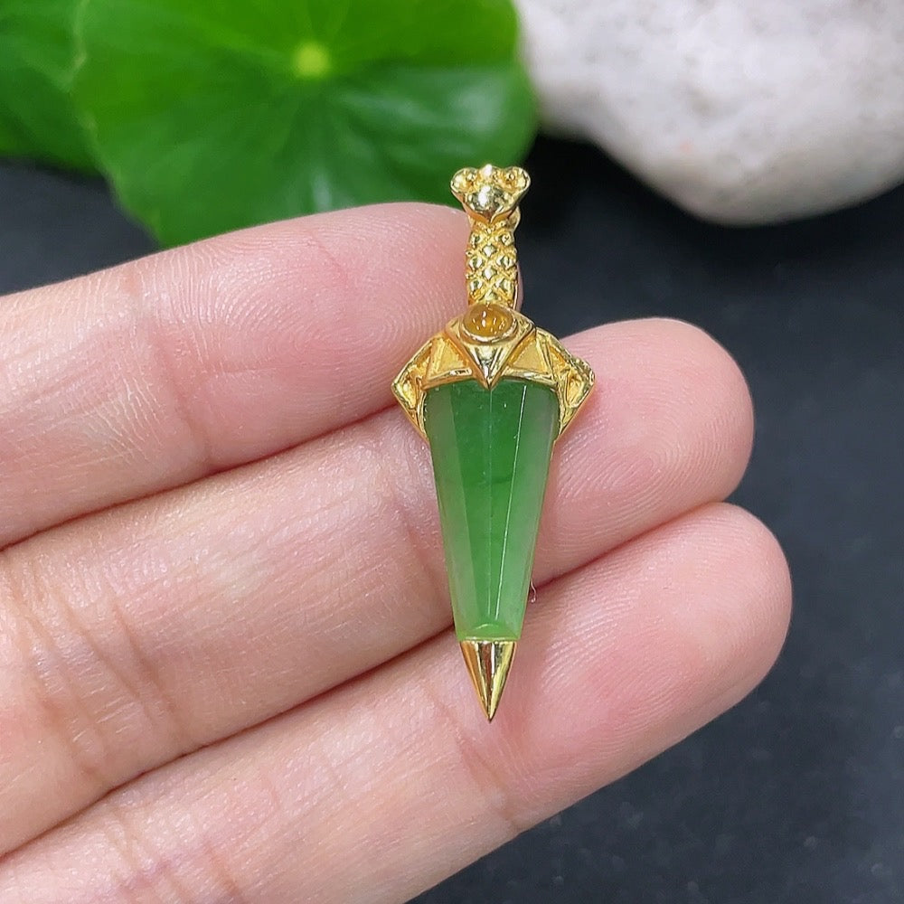 Jadeite inlaid pendant with 18k gold, HKHQ brand, featuring a detailed jade design on a delicate chain.