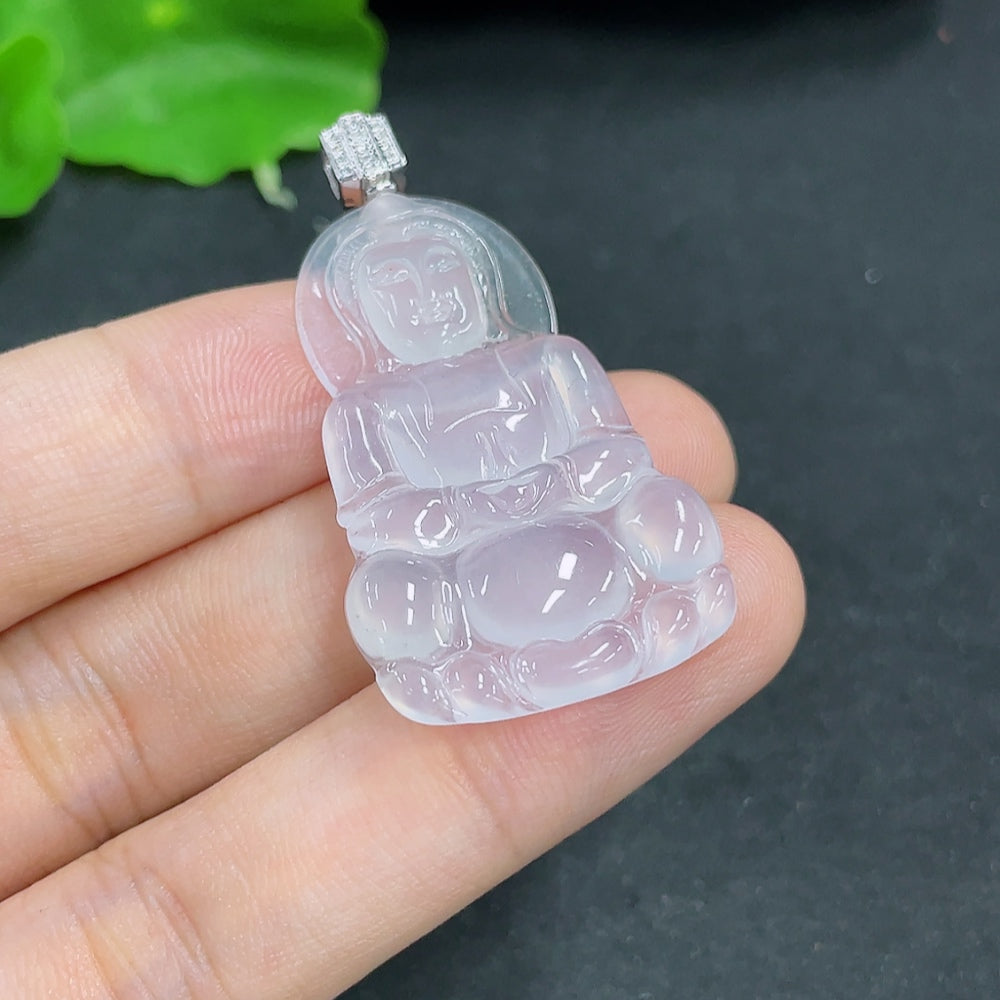 Jadeite Guanyin pendant with 18K gold and diamond accents, featuring intricate carving, weighs approximately 5.56g.