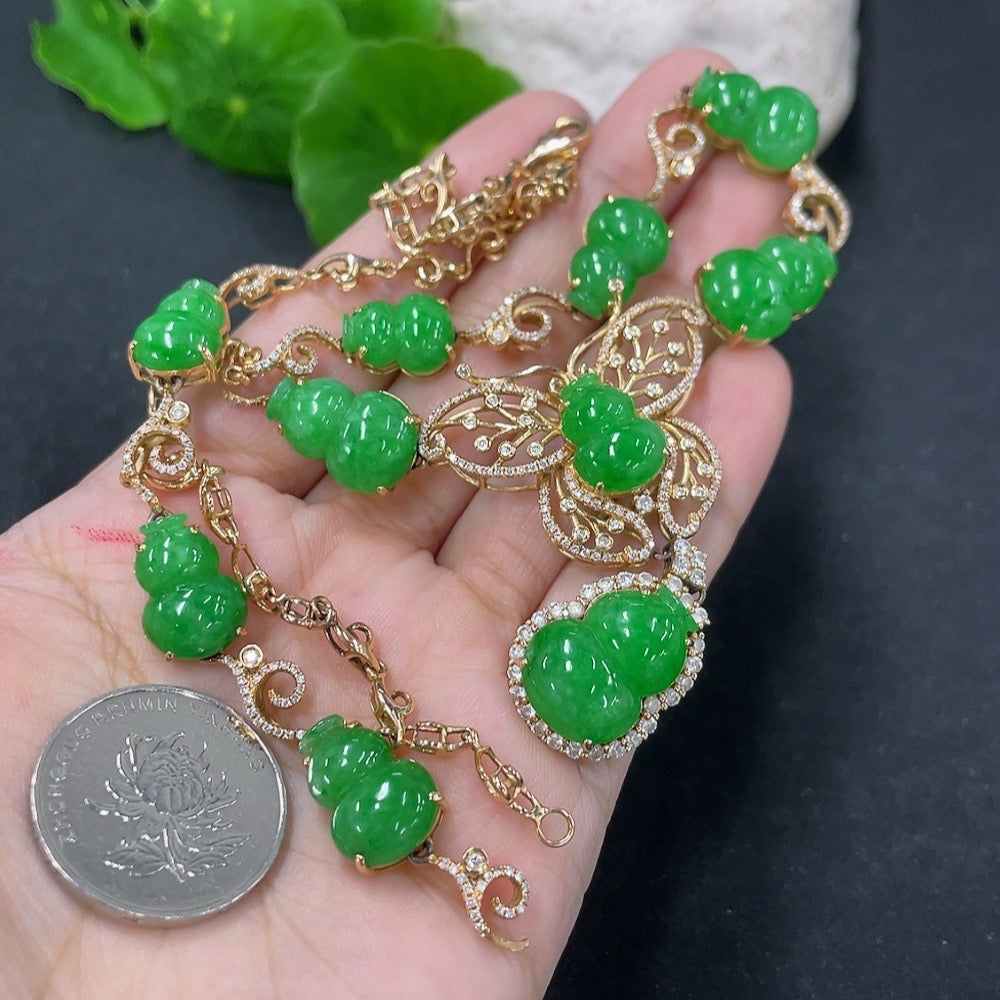 Jadeite Inlaid Gourd Necklace 18k with Diamond Accents Total Weight Approx. 31.29g