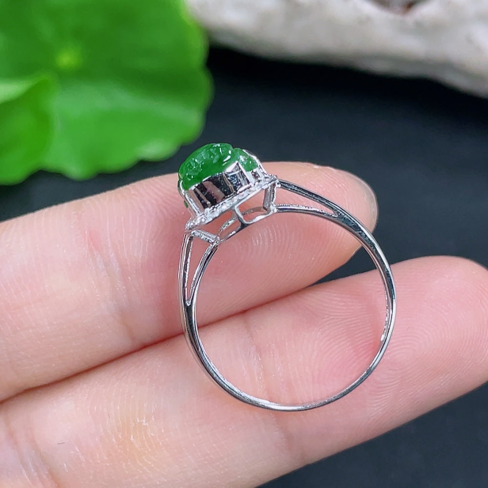 Jadeite ring with 18k gold and diamond accents, HKHQ, size 13, showcasing the detailed jade gemstone and elegant design.