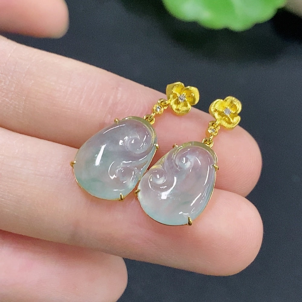 Jadeite Ruyi Inlaid Earrings 18k with Diamond Accents Total Weight Approx. 2.26g