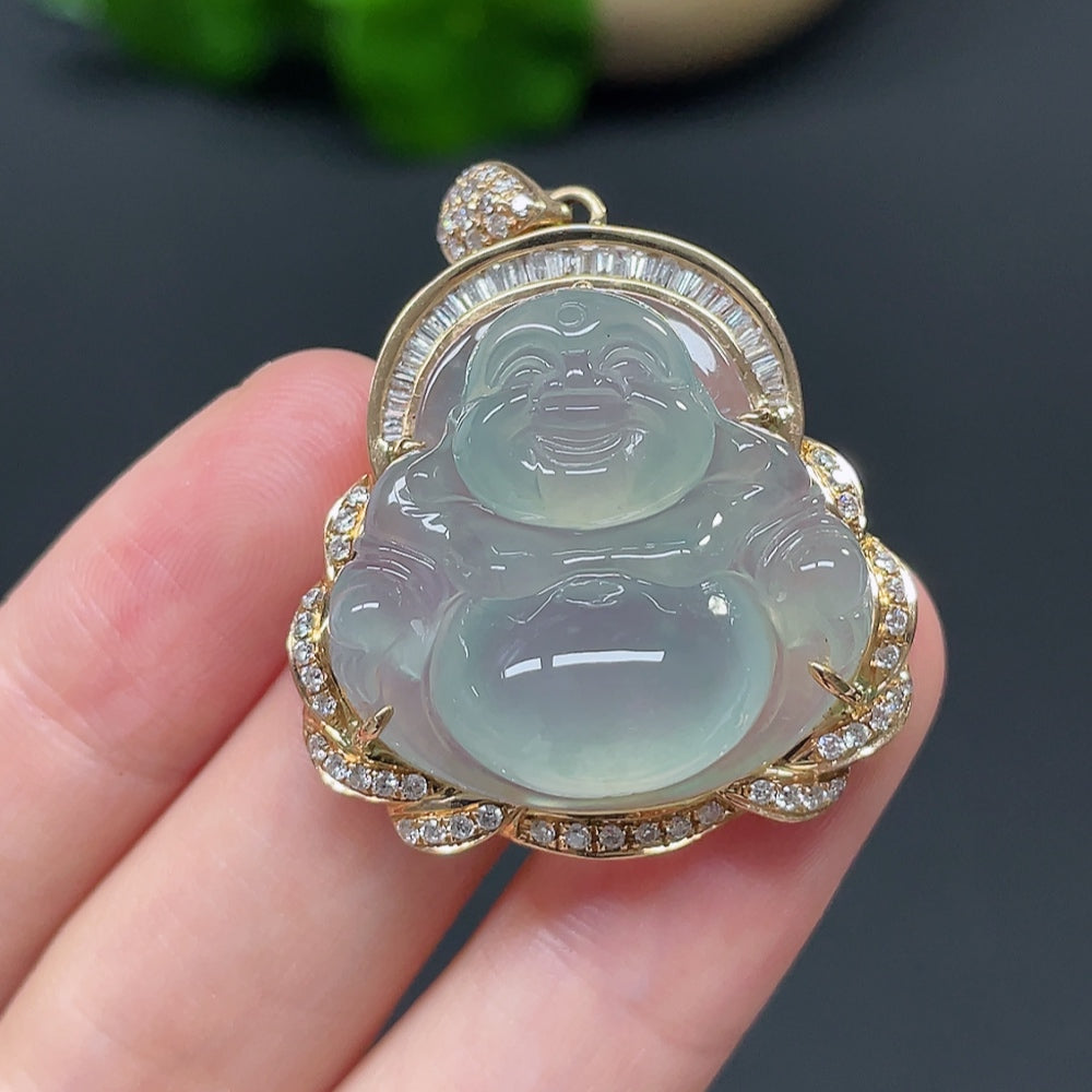 Jadeite Buddha Pendant with 18k Gold and Diamond Accents, Total Weight Approximately 11.47g