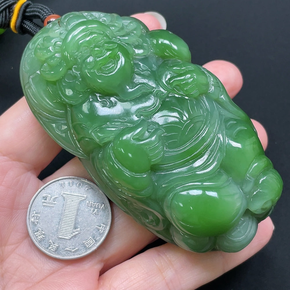 Hetian jade Buddha handheld carving with rope, weighing approximately 190.73g, showcasing detailed craftsmanship and smooth surface.