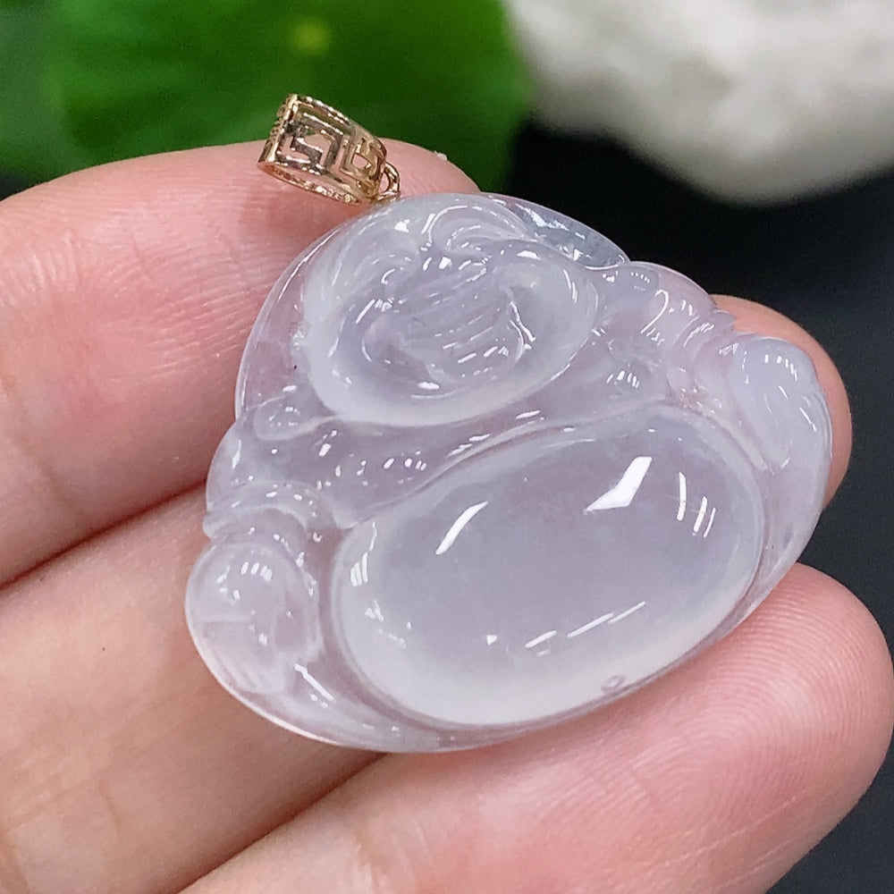 Jadeite Buddha Pendant with 18K Gold Clasp, Total Weight Approximately 6.1g