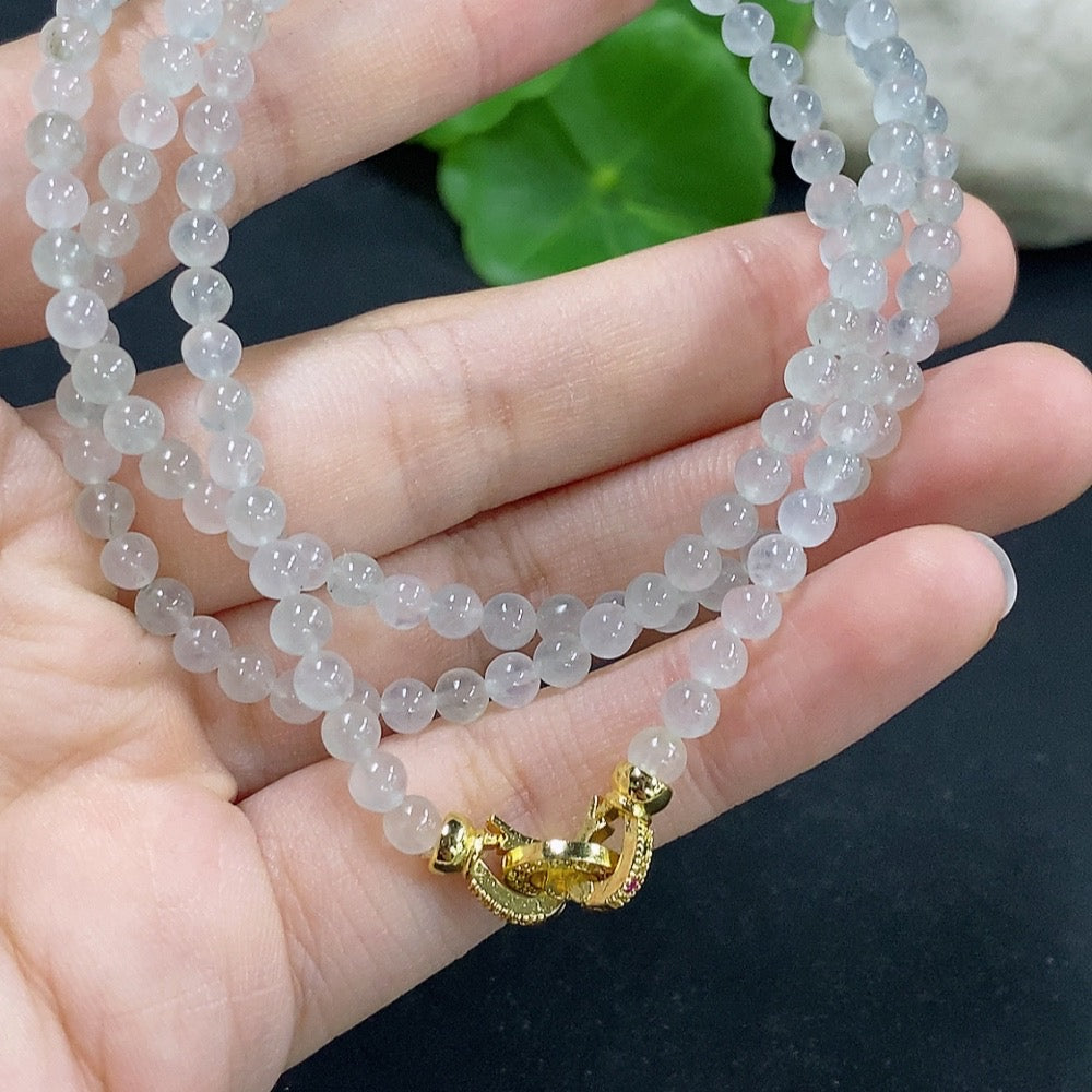 HKHQ jadeite bead necklace with 3.9mm beads, non-gold inlaid, totaling 16.8g, displayed on a neutral background.