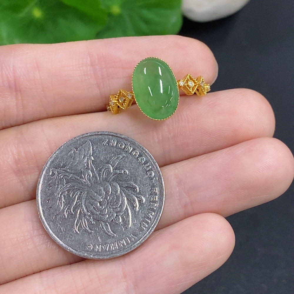 Jadeite Cabochon Solitaire Ring 18K Gold (With Diamond Accents)