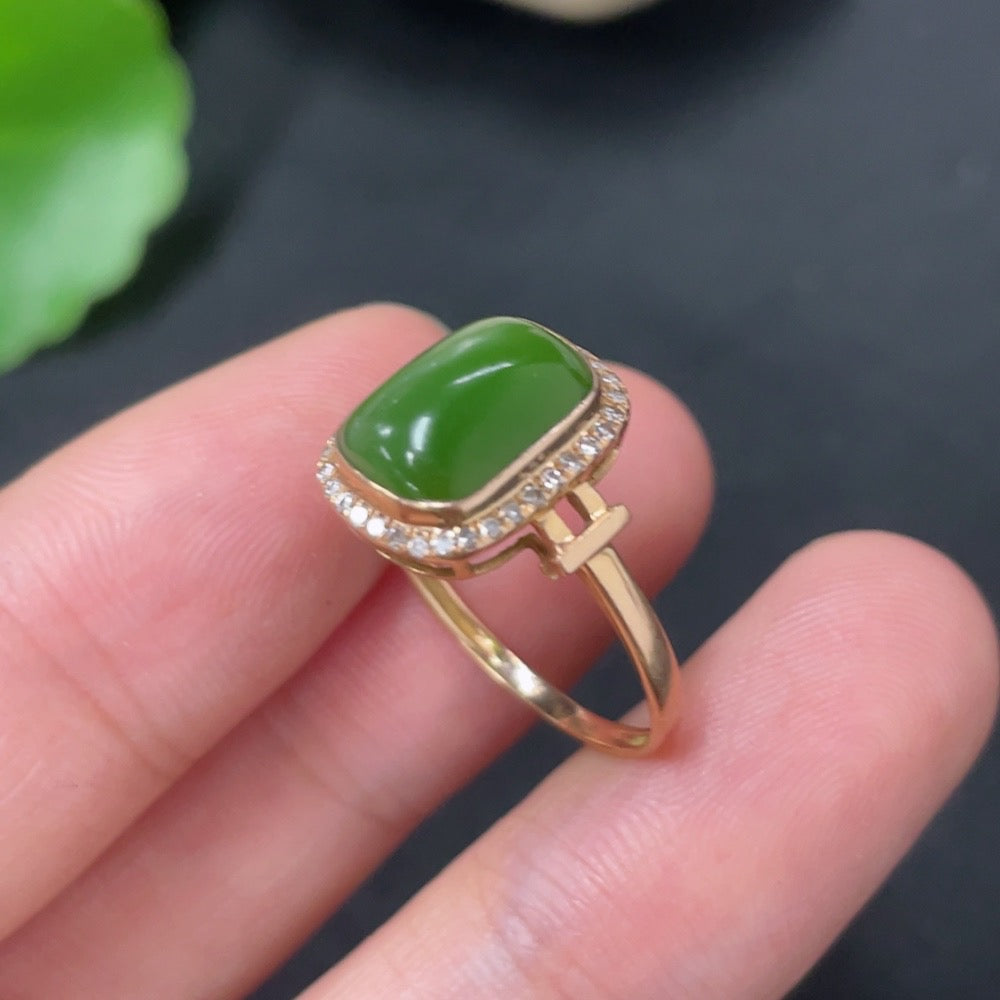 Hetian Jade Jasper Inlaid Ring 18k Gold with Diamond Size 11 Total Weight Approx. 1.7g
