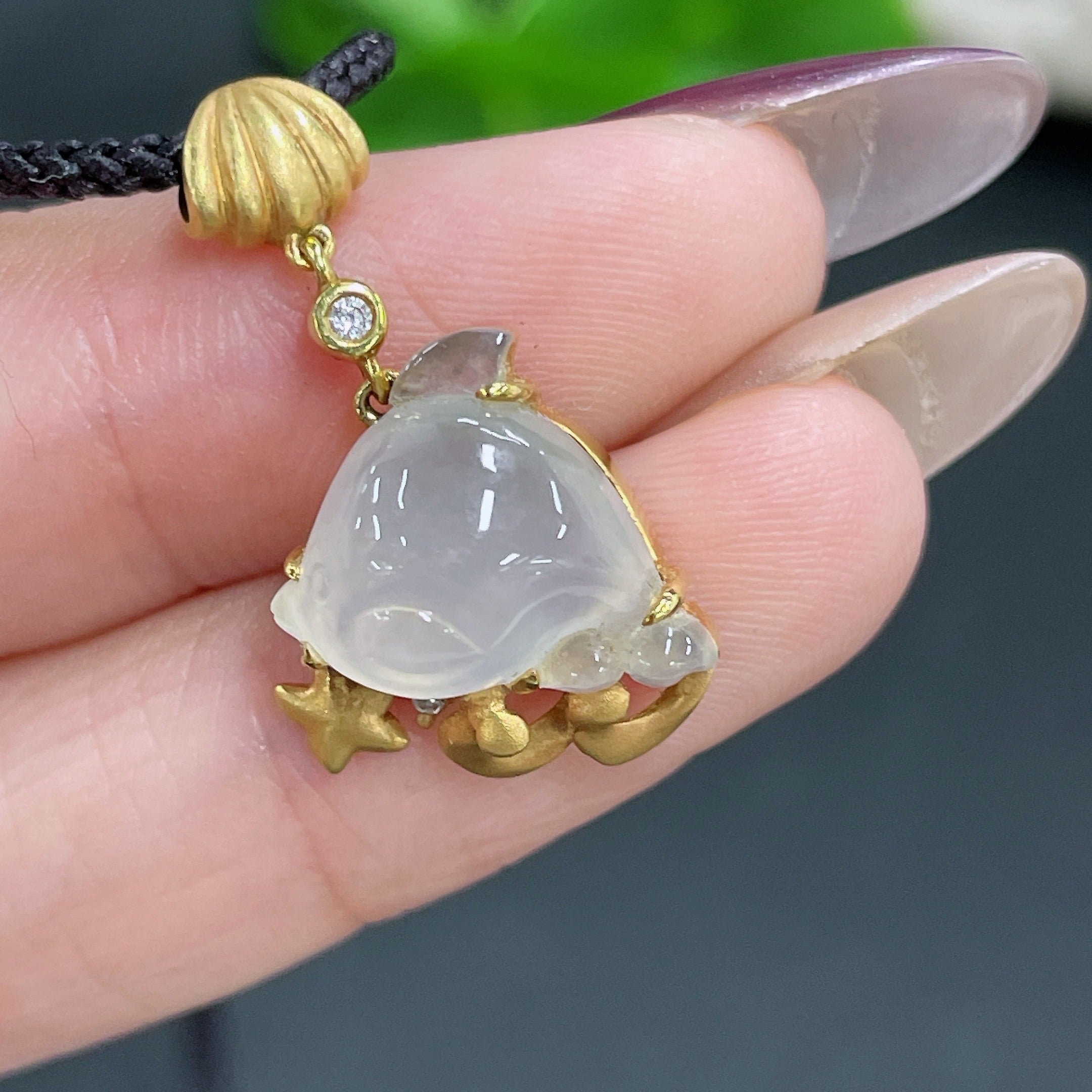 Jadeite Inlaid Pendant No Hallmark 18K Gold Content Diamond Accent Total Weight Approx. 5.28g (Including Cord)