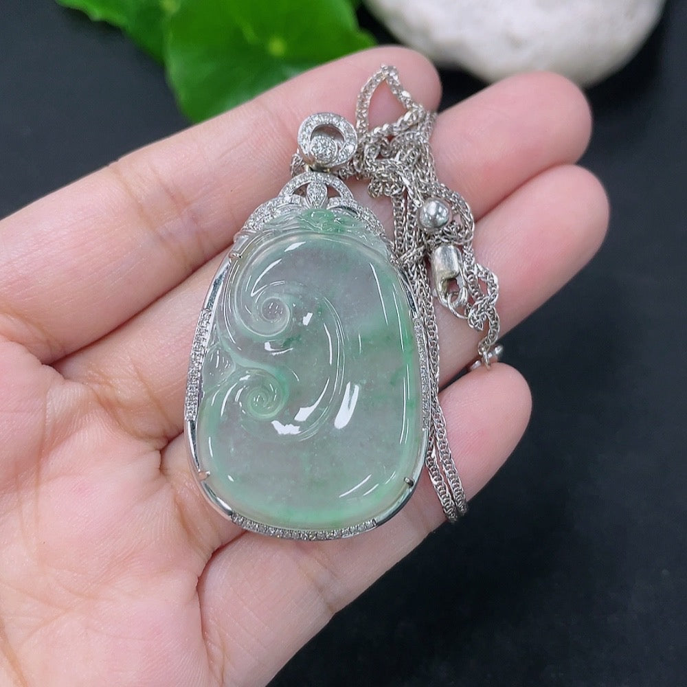 Jadeite inlaid Ruyi pendant with 18K gold and diamond accents, featuring a jade jade stone and elegant chain.