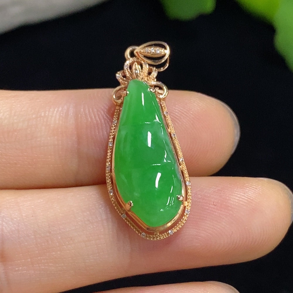 Jadeite Bean Pendant with 18K Gold and Diamond Accents