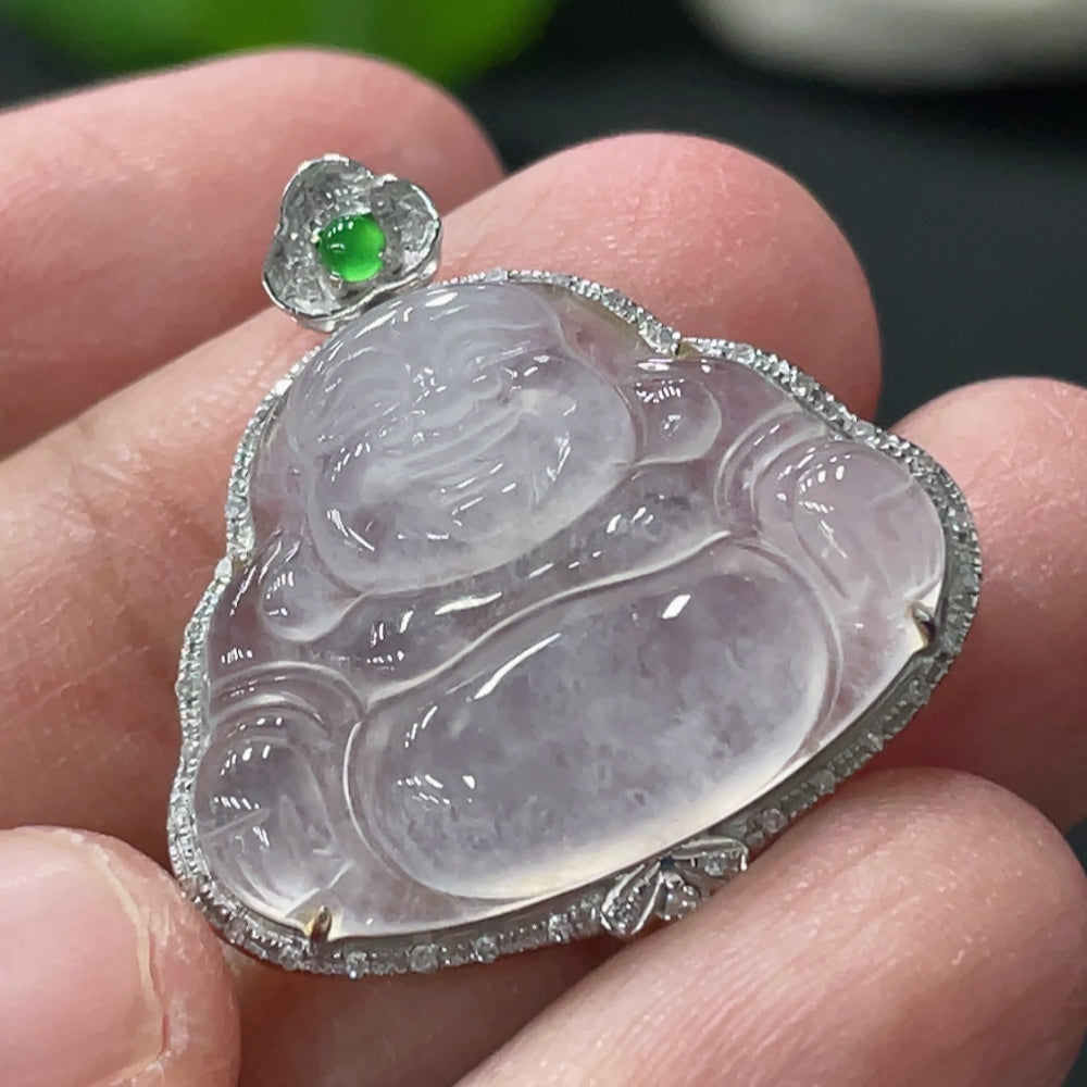 Jadeite Buddha Pendant with 18K Gold and Diamond Inlay, Total Weight Approx. 4.38g