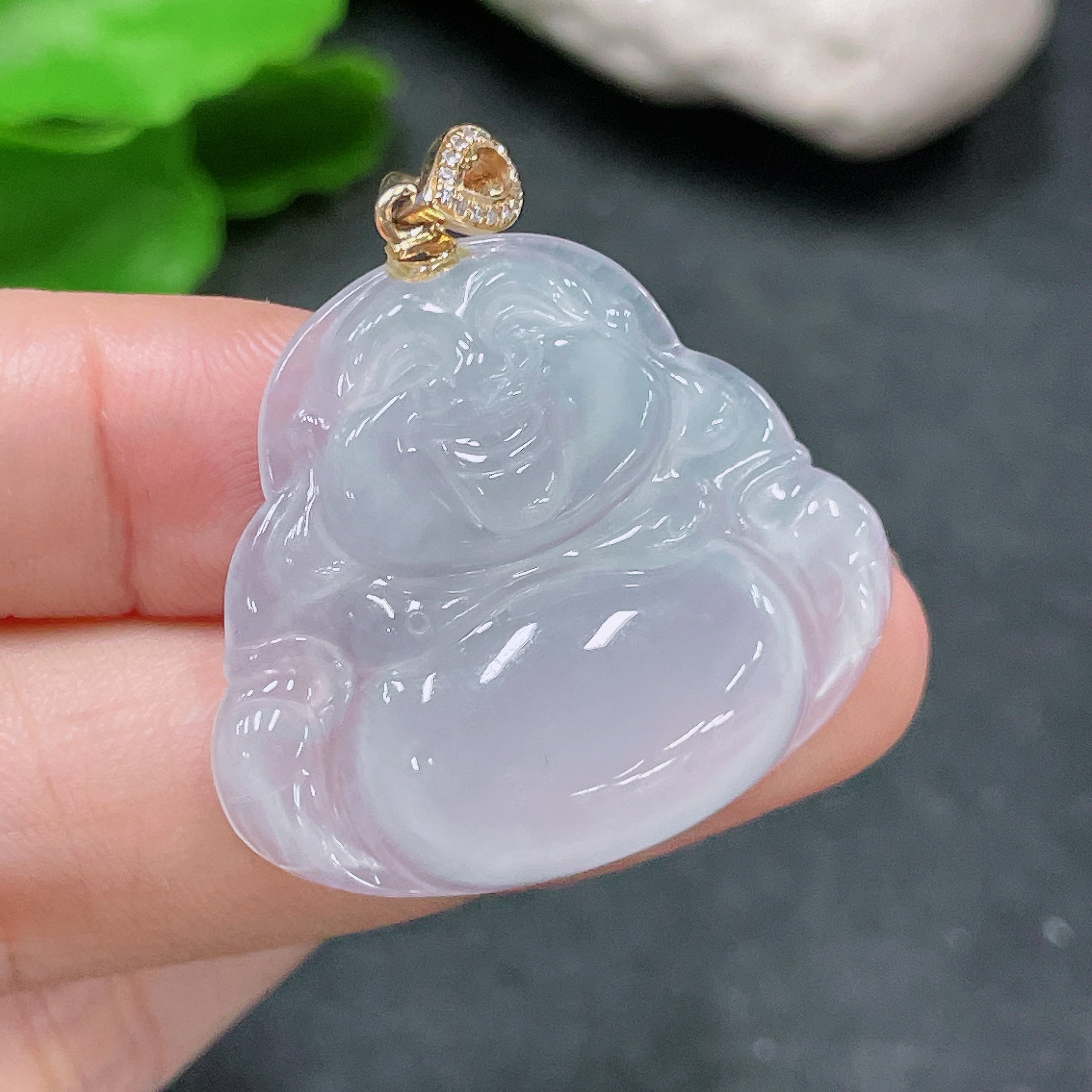 Jadeite Pendant Buddha Bail 18K Gold with Diamond Accent Total Weight Approx. 8g