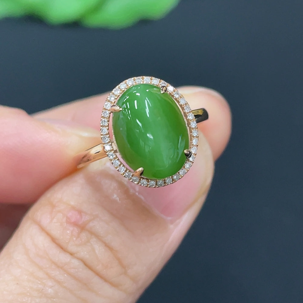 Hetian Jade Jasper Cabochon Inlaid Ring with 18k Gold, Accented with Diamonds