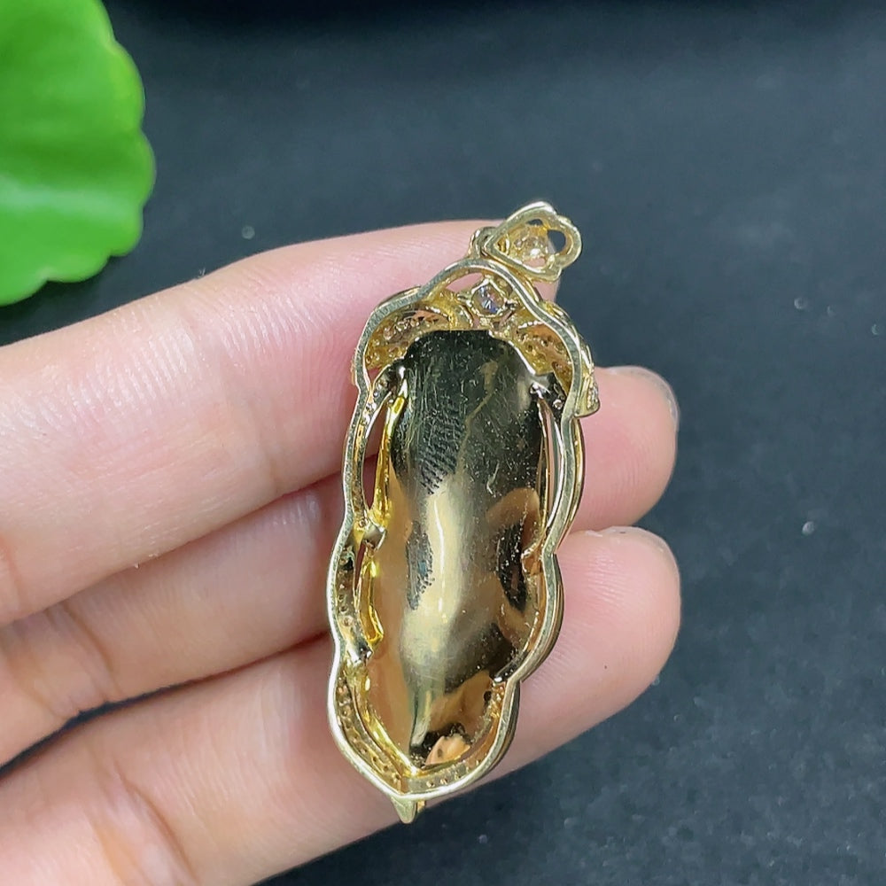 Jadeite Leaf Inlaid Pendant with 18K Gold and Diamond Accents