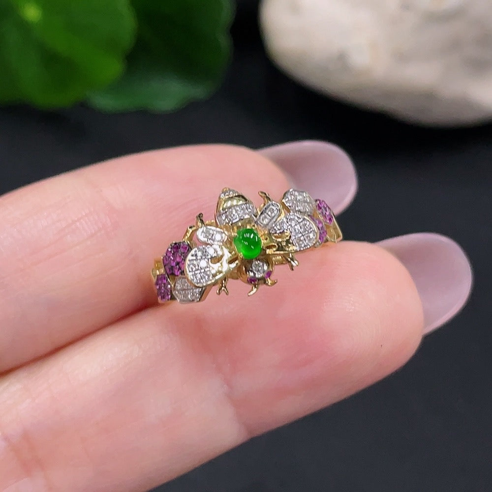 Jadeite Inlaid Ring Size 12 71% Gold Content Total Weight Approx. 2.4g (Inlaid with Colorless Diamonds)