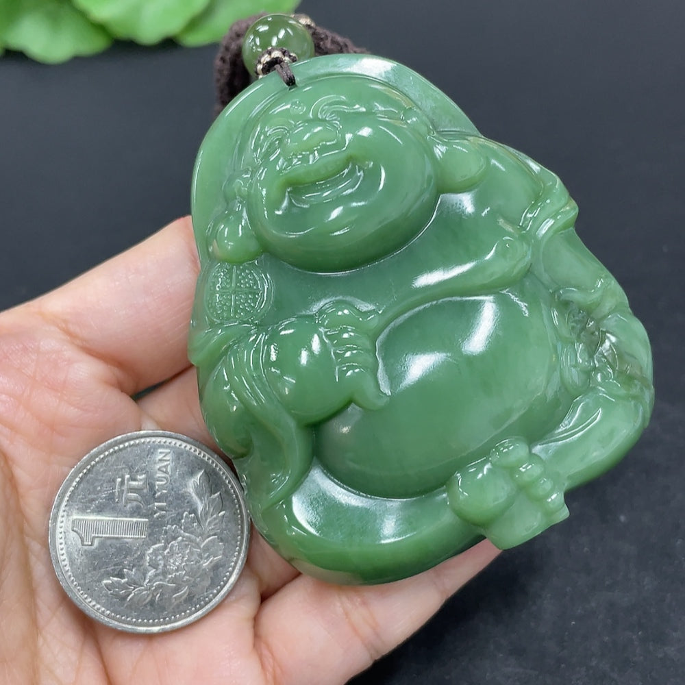 HKHQ Hetian Jade Buddha pendant necklace with rope, weighing 141.1g, featuring a carved jade Buddha charm.