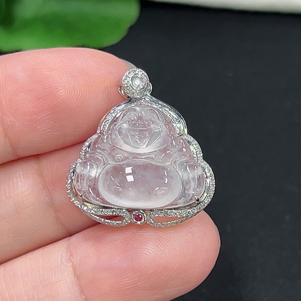 Jadeite Buddha Pendant Set in 18K Gold with Diamond Accents, Total Weight Approx. 3.3g