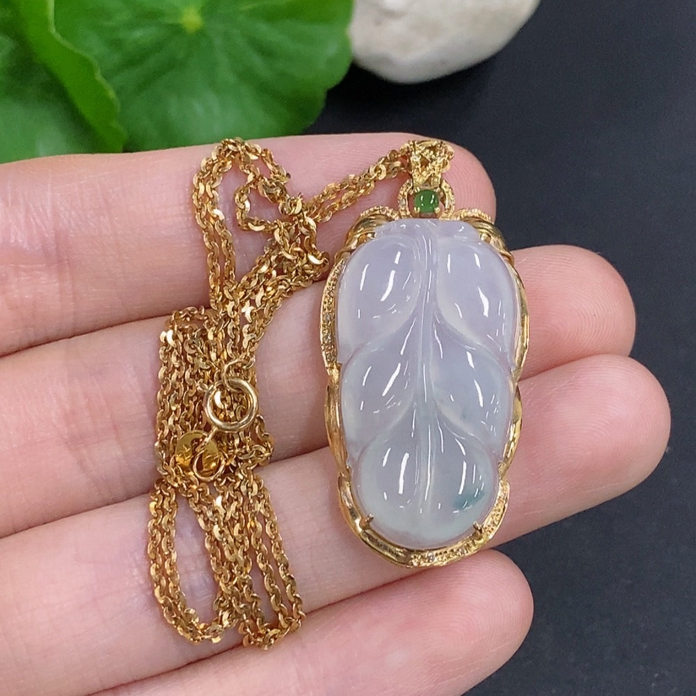 Jadeite Leaf Inlay Pendant 18K Gold with Diamond Accents