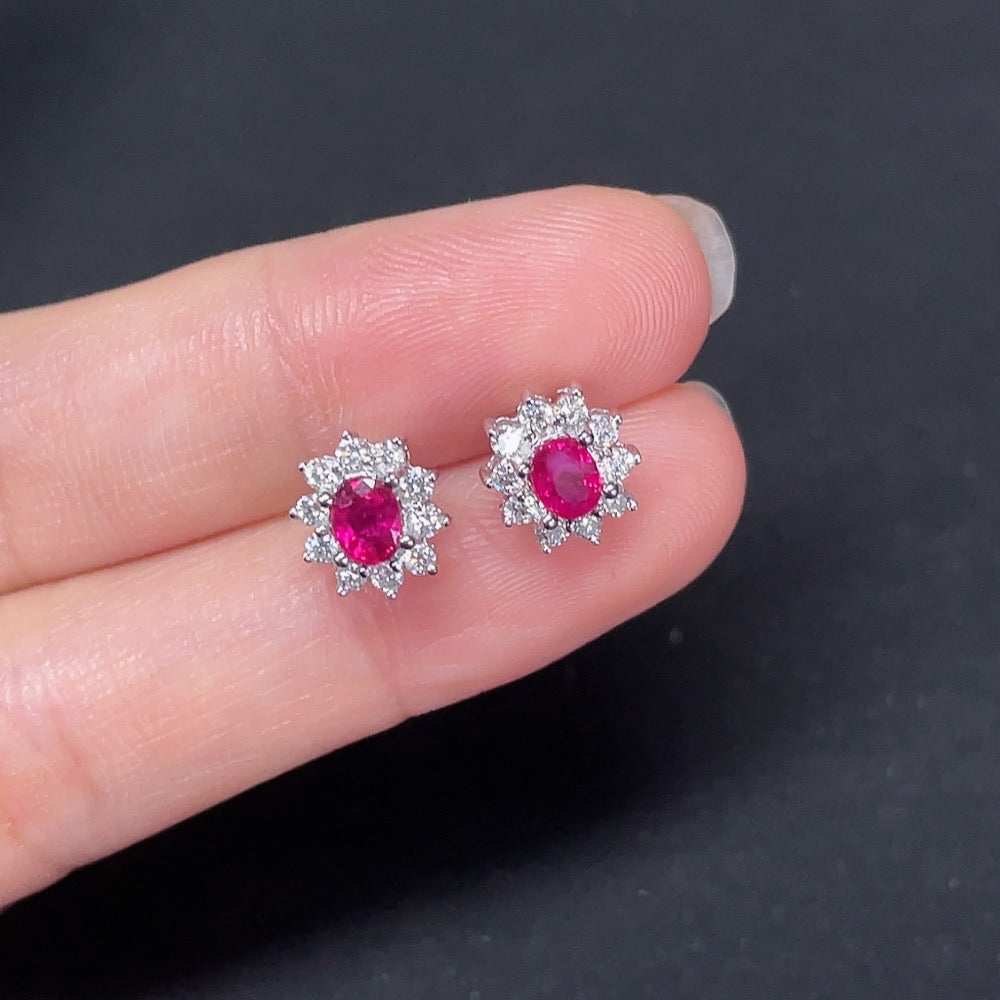 Ruby Stud Earrings, 18K Gold, Accented with Diamonds