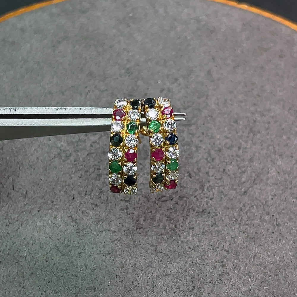 Emerald Earrings Clarity Enhanced with Sapphire and Ruby 18K Gold Non-Diamond Total Weight Approx. 2.64g