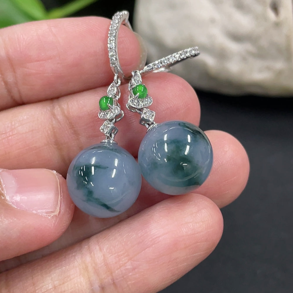 Jadeite bead inlaid ear clips pair with 18k gold and diamond accents, approximately 12mm in size, from HKHQ jewelry collection.