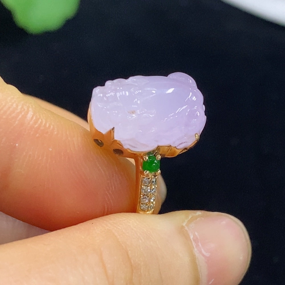 Jadeite Pi Xiu Inlaid Ring 18k with Diamond Size 13 Total Weight Approx. 5.57g