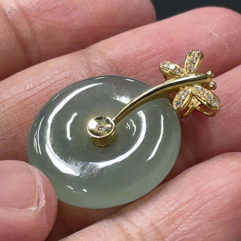 Jadeite Peace Pendant with 18K Gold Bail and Diamond Accents, Total Weight Approx. 5g