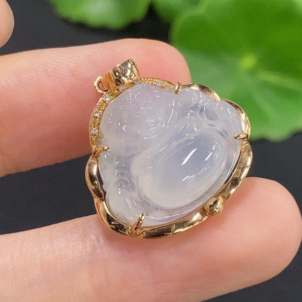 Jadeite Buddha Pendant Set in 18K Gold with Diamond Accents