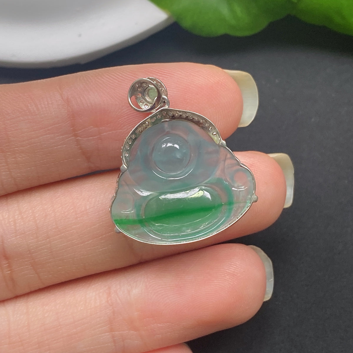 Jadeite Inlaid Pendant Buddha with Diamond Accents 18k Total Weight Approx. 2.85g