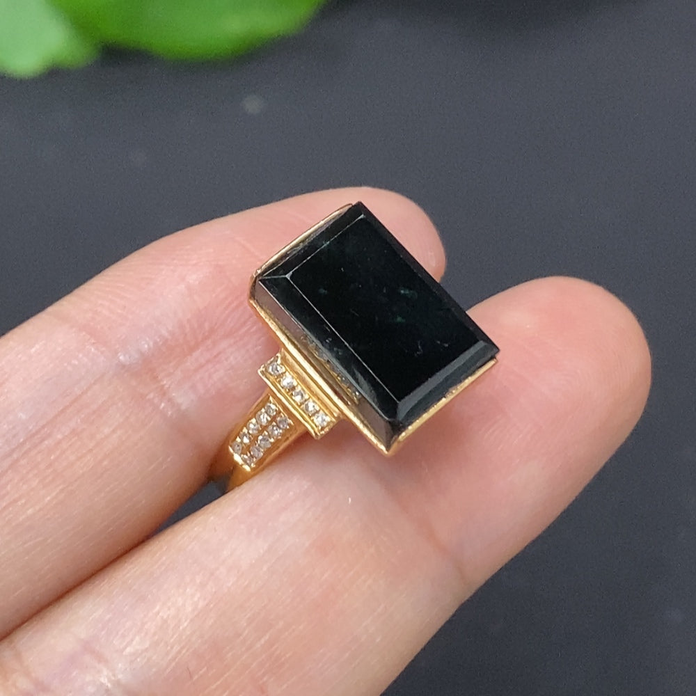 Jadeite ring with diamond accents, 18K gold band in size 14, weighing approximately 3.4g, by HKHQ.