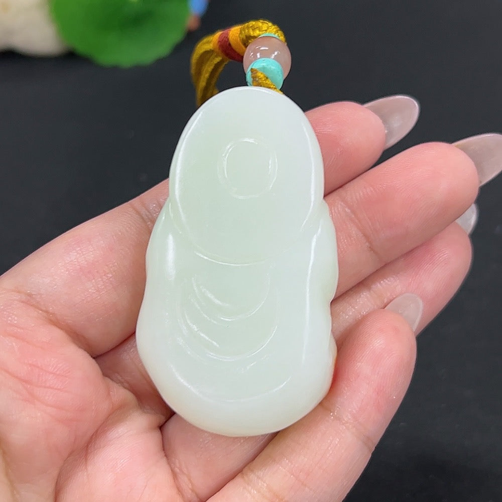 Hetian jade pendant featuring the God of Wealth, crafted by HKHQ, with a smooth green stone and intricate design.