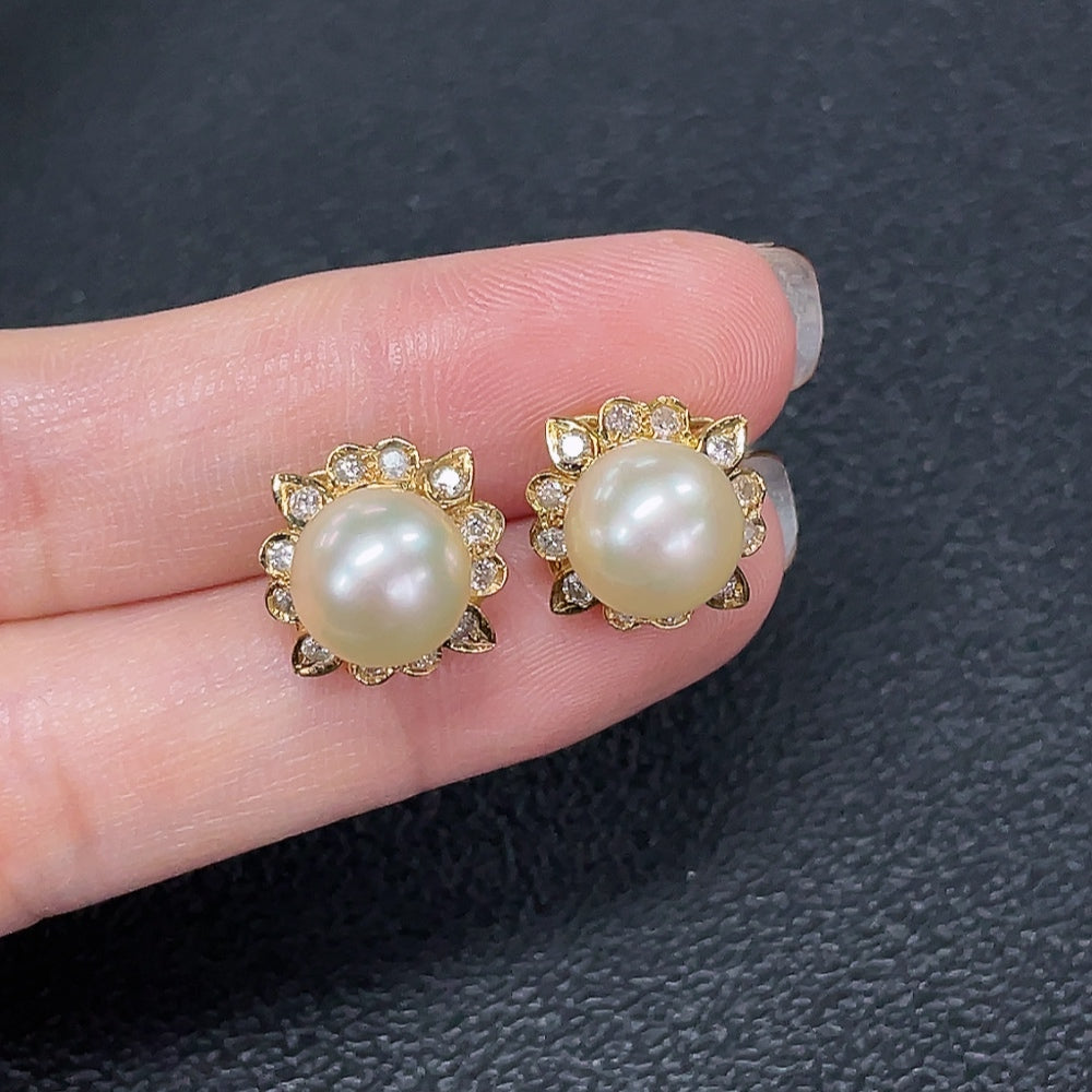 Seawater pearl earrings with diamond accents, 14K gold, approximately 8.7mm pearls, elegant jewelry by HKHQ