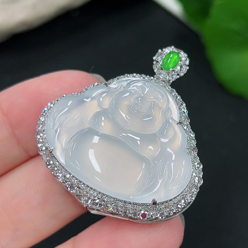 Jadeite Buddha Pendant with 18K Gold Mount, Total Weight Approx. 11.2g (Diamond Accented)