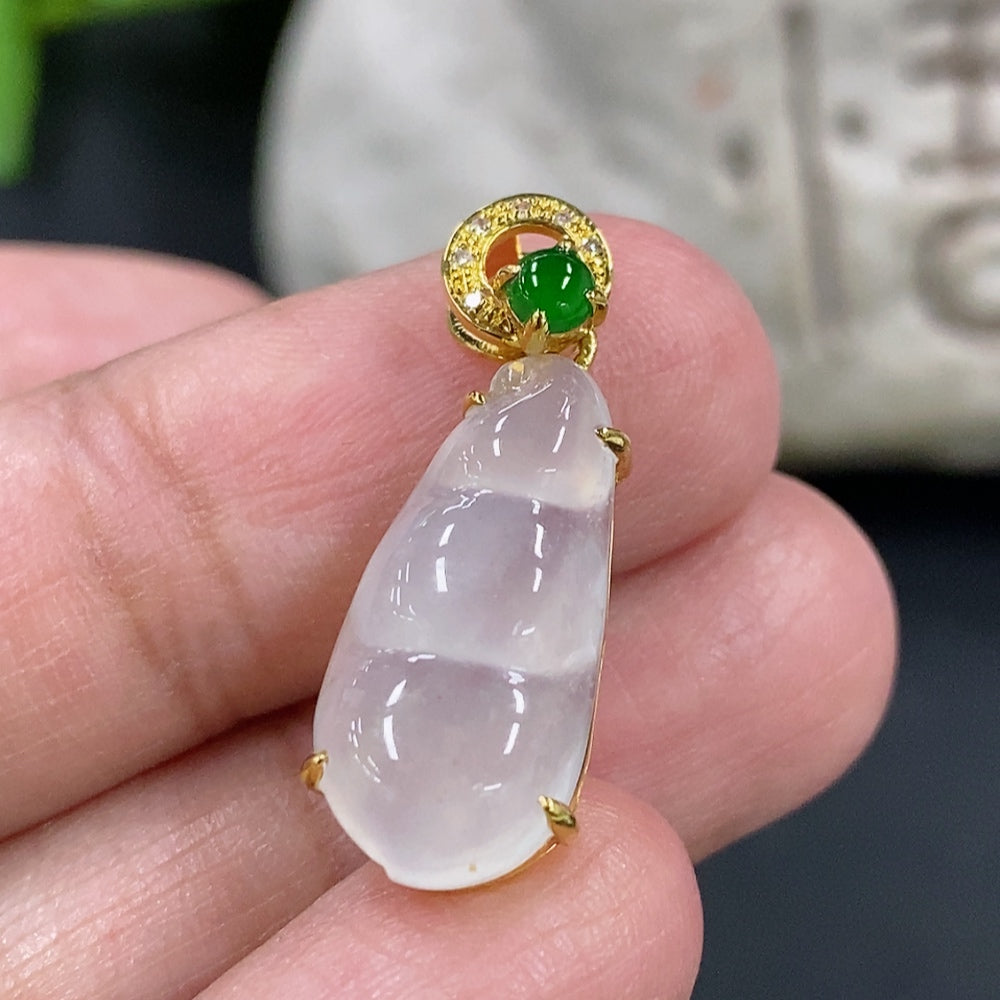 Jadeite Blessed Bean Pendant, 18K Gold Setting with Diamond Accents