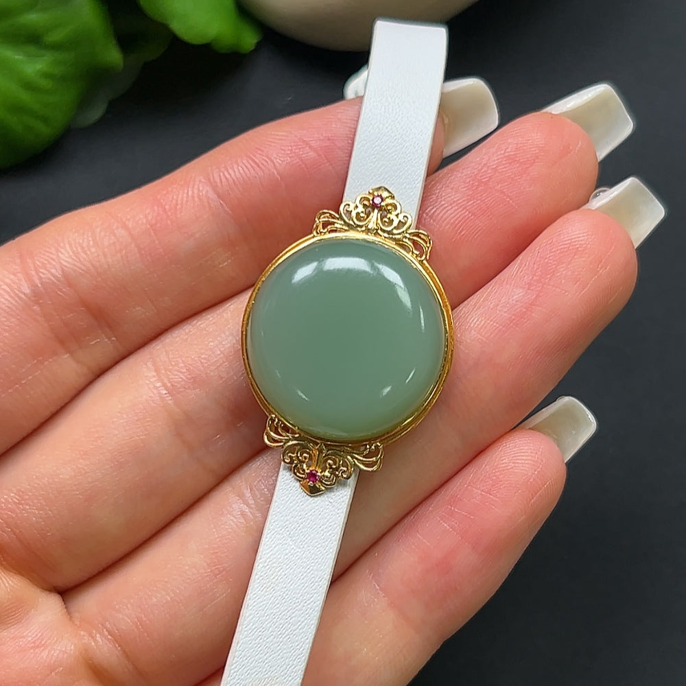 Hetian Jade Cabochon Bracelet 18K Gold with Leather Wristband