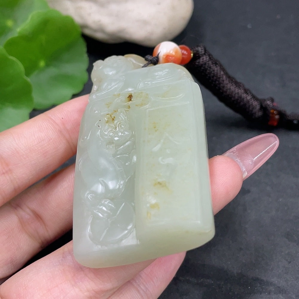 Hetian Jade Pendant  Antique Style  Undetermined Skin Color Origin  Total Weight (including rope) Approx. 74.3g