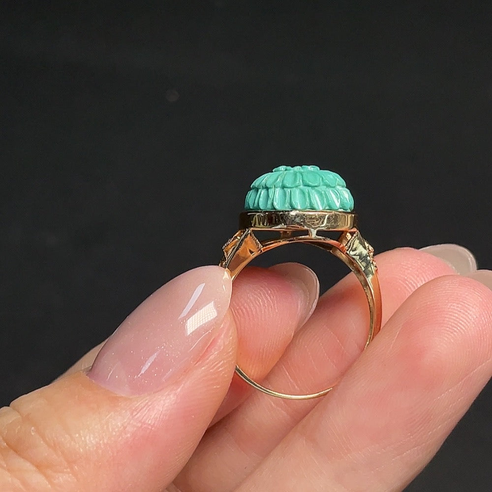 Turquoise inlaid gemstone ring with 18k gold band, size 15, weight 3.81g, non-diamond, by HKHQ.