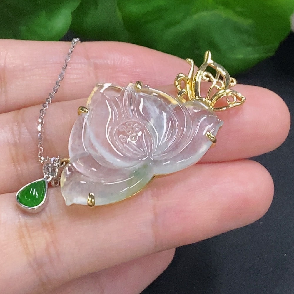 Jadeite Lotus Inlay Pendant 18k Gold Total Weight Approx. 6.6g (Including Chain)
