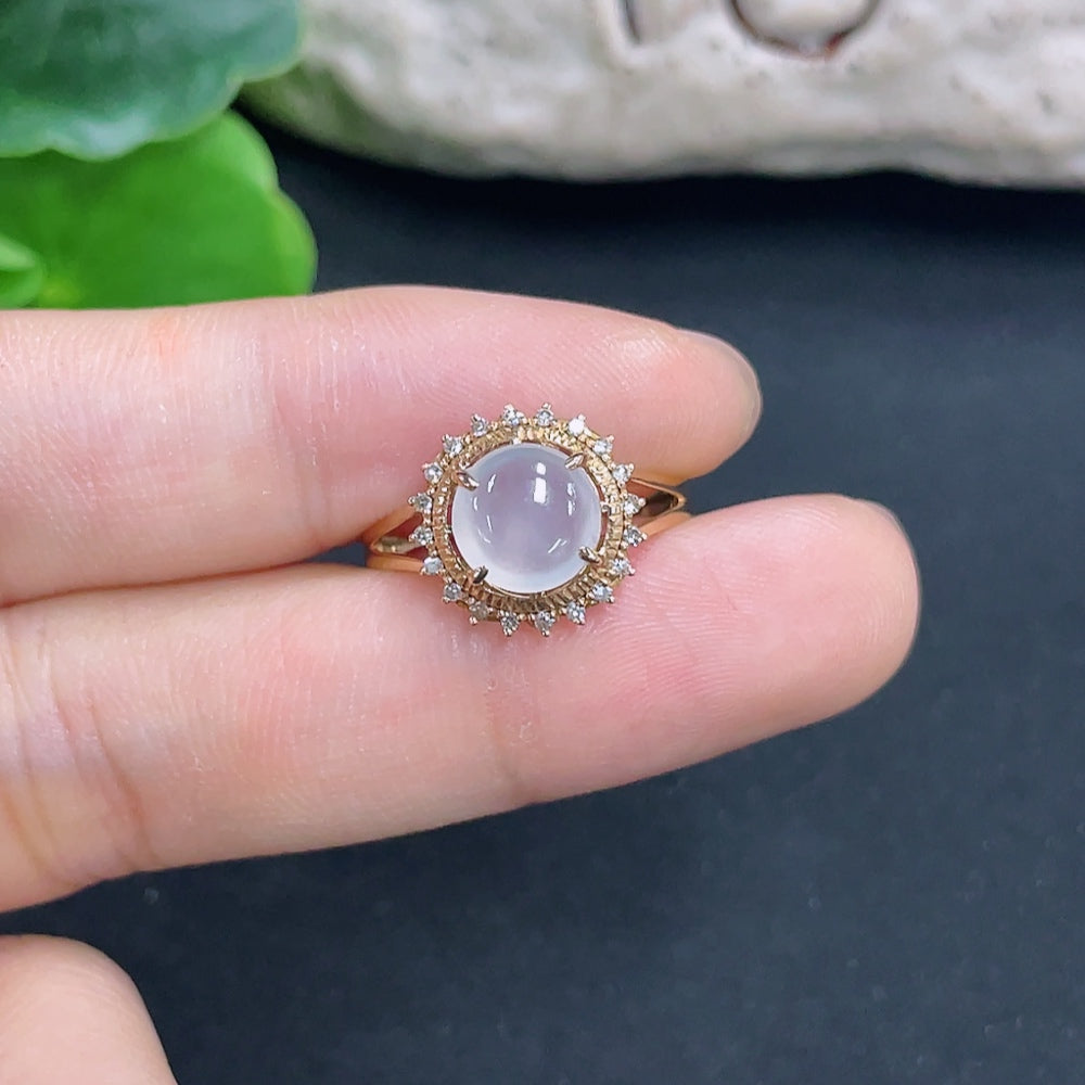 HKHQ jadeite cabochon ring with diamond accents, 18k gold, size 14, featuring a polished green jade gemstone, total weight 2.13g.