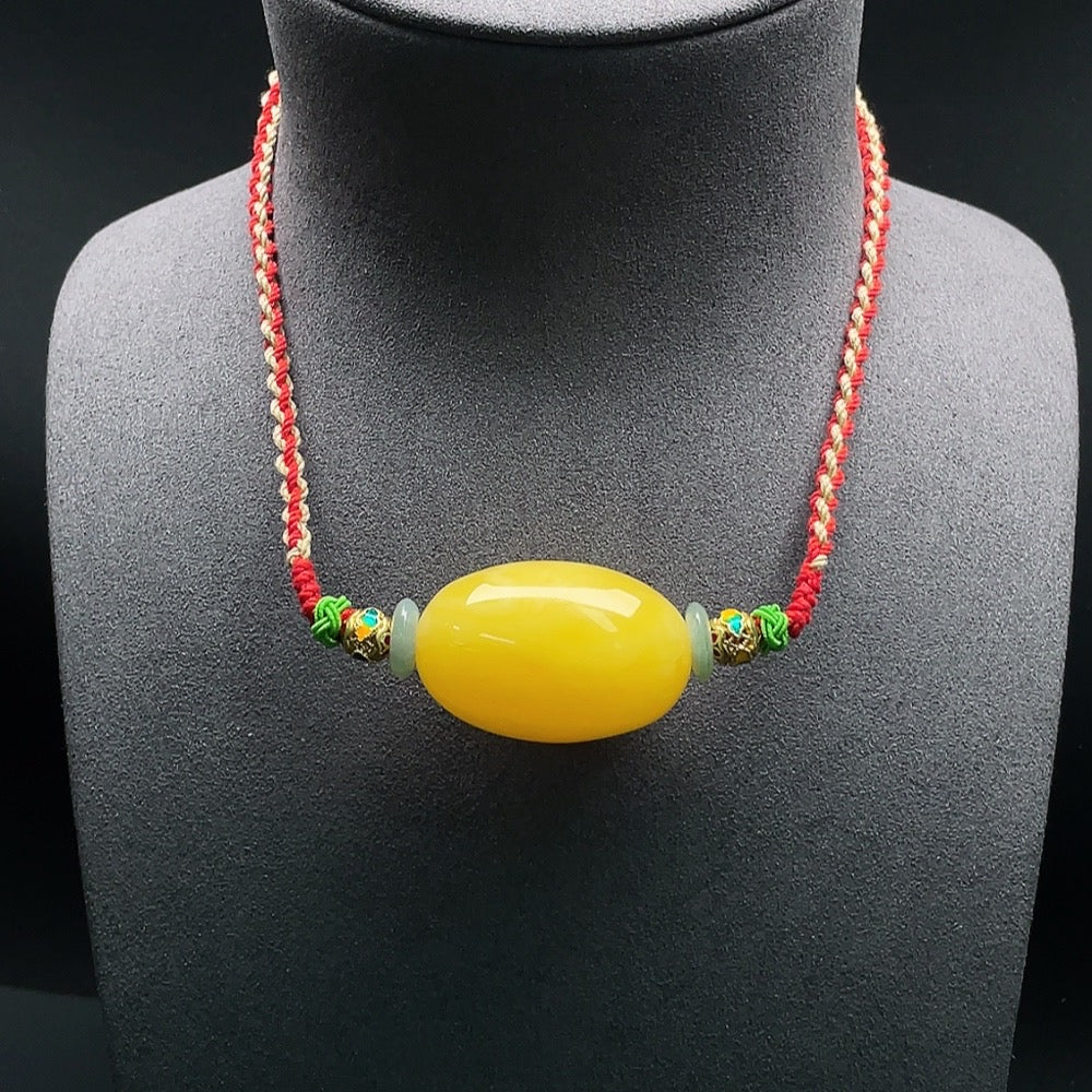 Amber Beeswax Pendant with Rope (Approx. 21.41g) Set with Jadeite