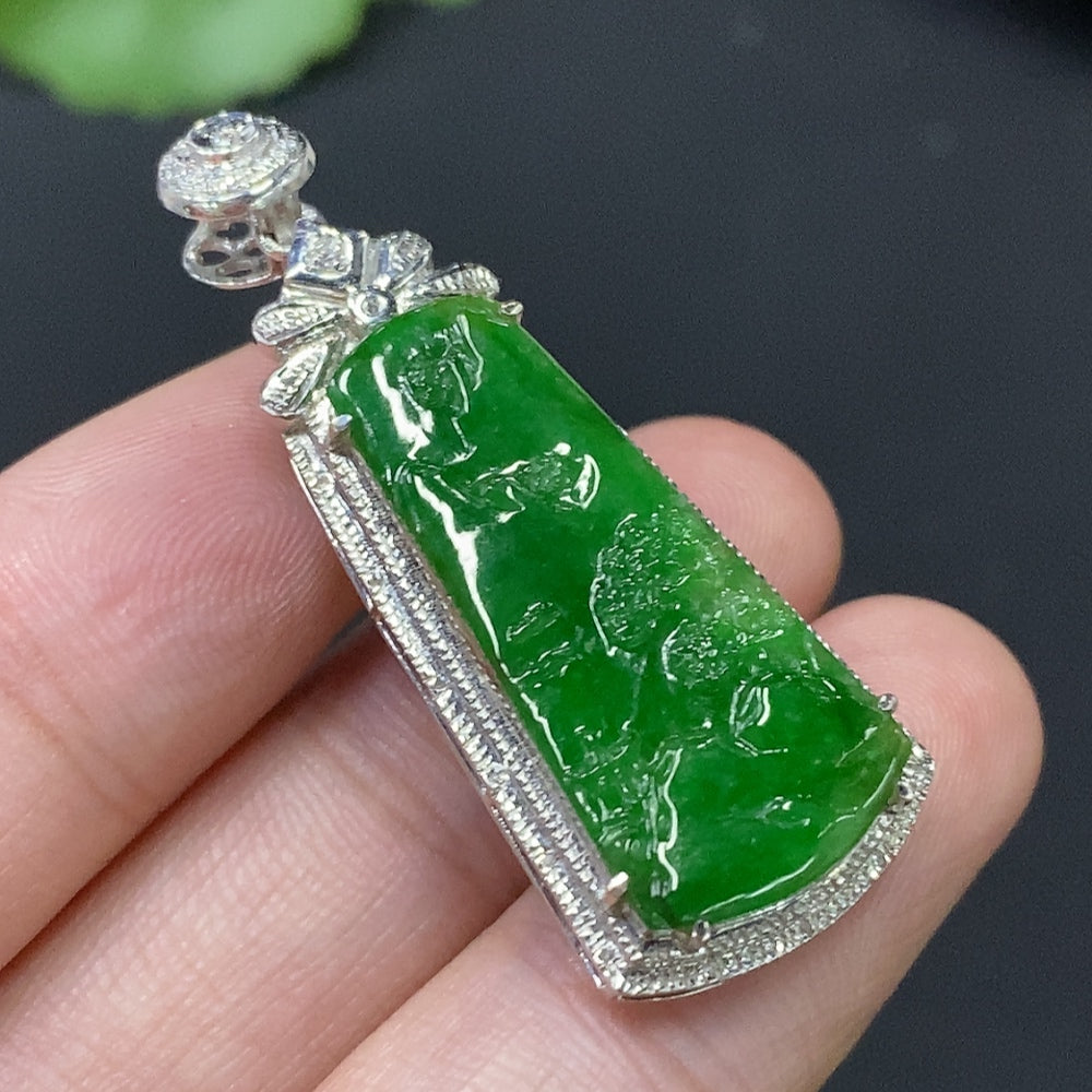 Jadeite Landscape Inlay with 18k Gold, Total Weight Approx. 4.57g